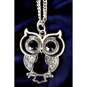 Vintage Owl Necklace Pendant 18 in Chain Extender Black Crystal Eyes Accents EUC